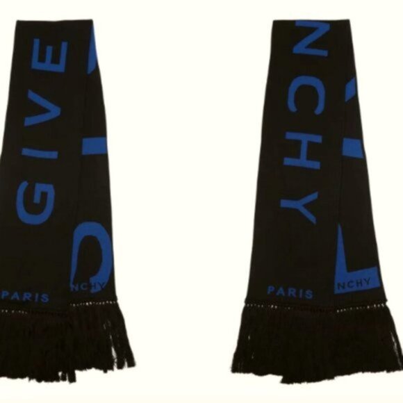 Givenchy Logo Fringe Trim Cotton Football Scarf black and blue - Picture 3 of 9